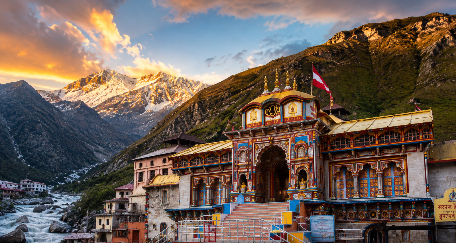 Badrinath Temple surrounded by the Himalayas